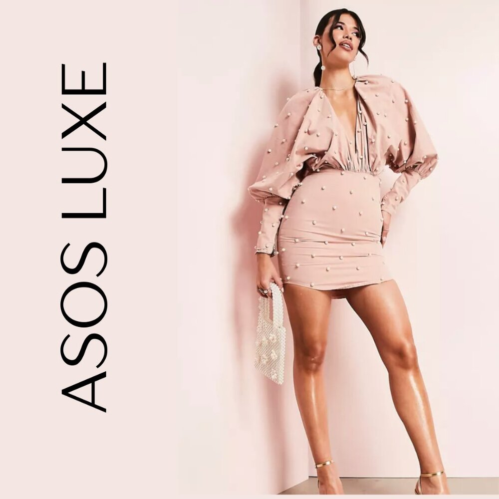 ASOS LUXE Pearl Embellished Mini Dress | Blush Long Sleeve Plunge Bodycon